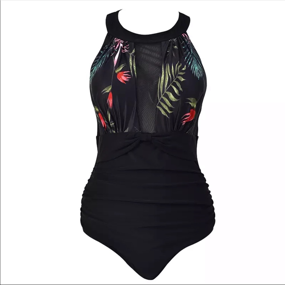 Boutique 1 Piece Bathing Suit Black Tropical Palm Leaf Open Back Beach Vacation